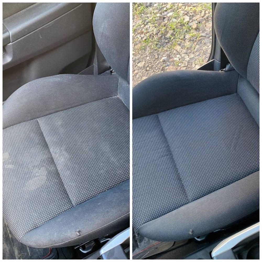Limpeza de banco de carro, antes e depois