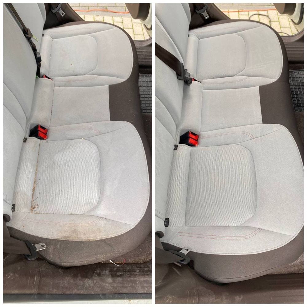 Limpeza de bancos de carro traseiros, antes e depois