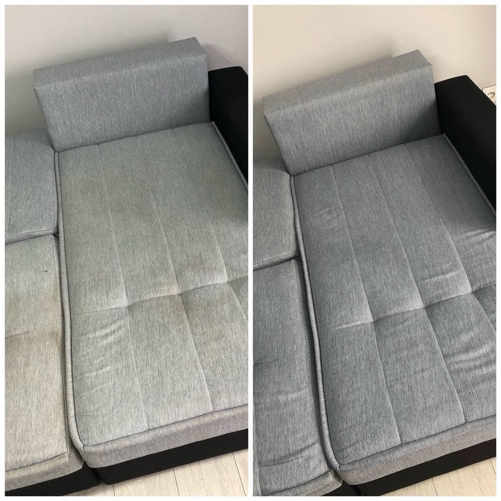 Limpeza de sofá de canto cinzento, antes e depois