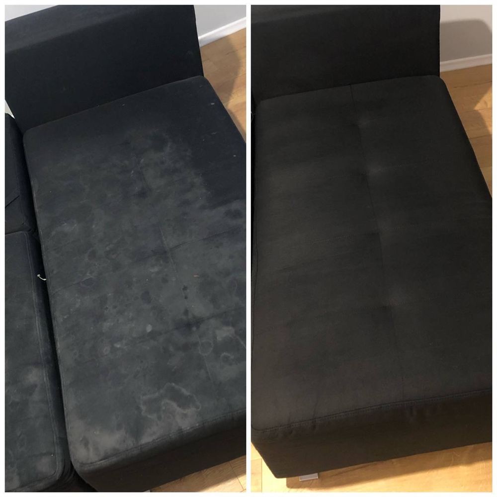 Limpeza de chaise longue preta com manchas, antes e depois