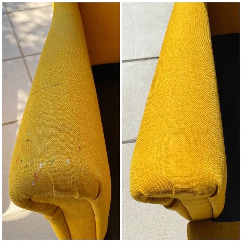 Limpeza de poltrona amarela com manchas de tinta, antes e depois