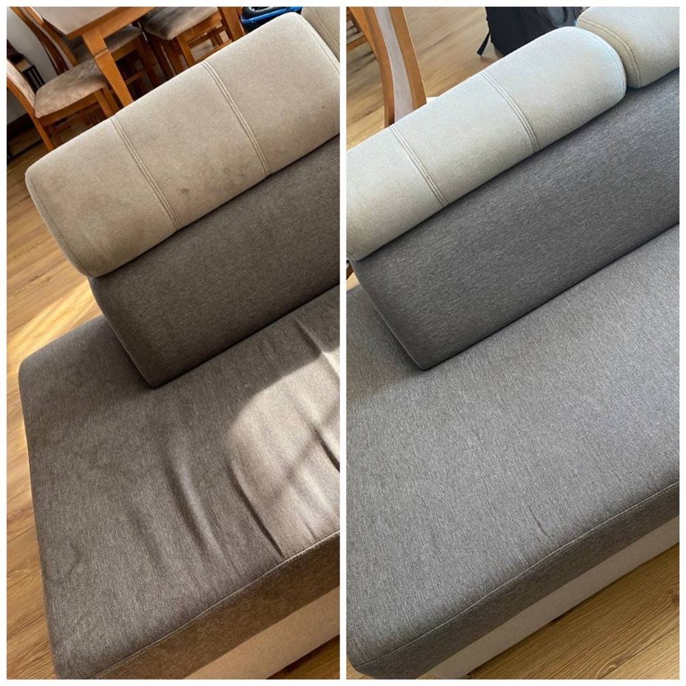 Limpeza de sofá cinzento ao domicílio, antes e depois